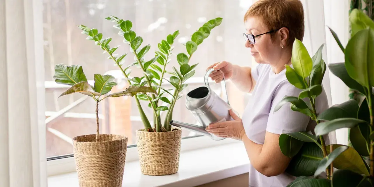 Kobieta podlewa kwiat zamioculcas. Pielęgnacja tej rośliny jest prosta, wystarczy pamiętać o podlewaniu.