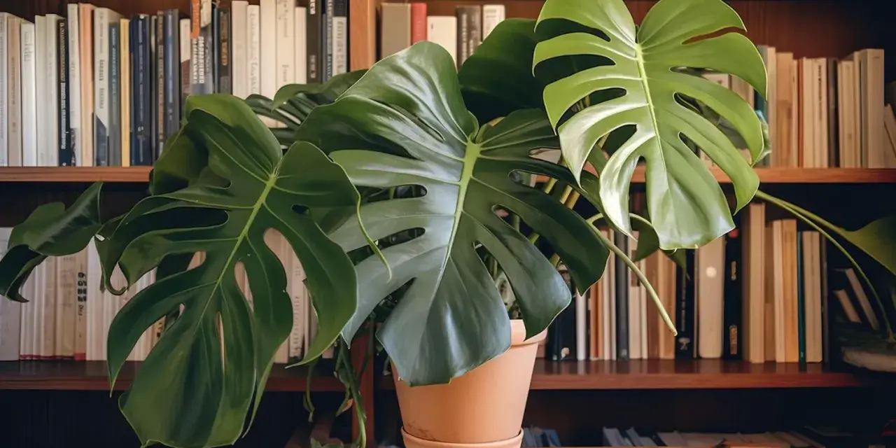 Monstera w beżowej doniczce, na półce z książkami. Czy doniczka musi mieć dziurki? Ta roślina zdaje się prosperować.