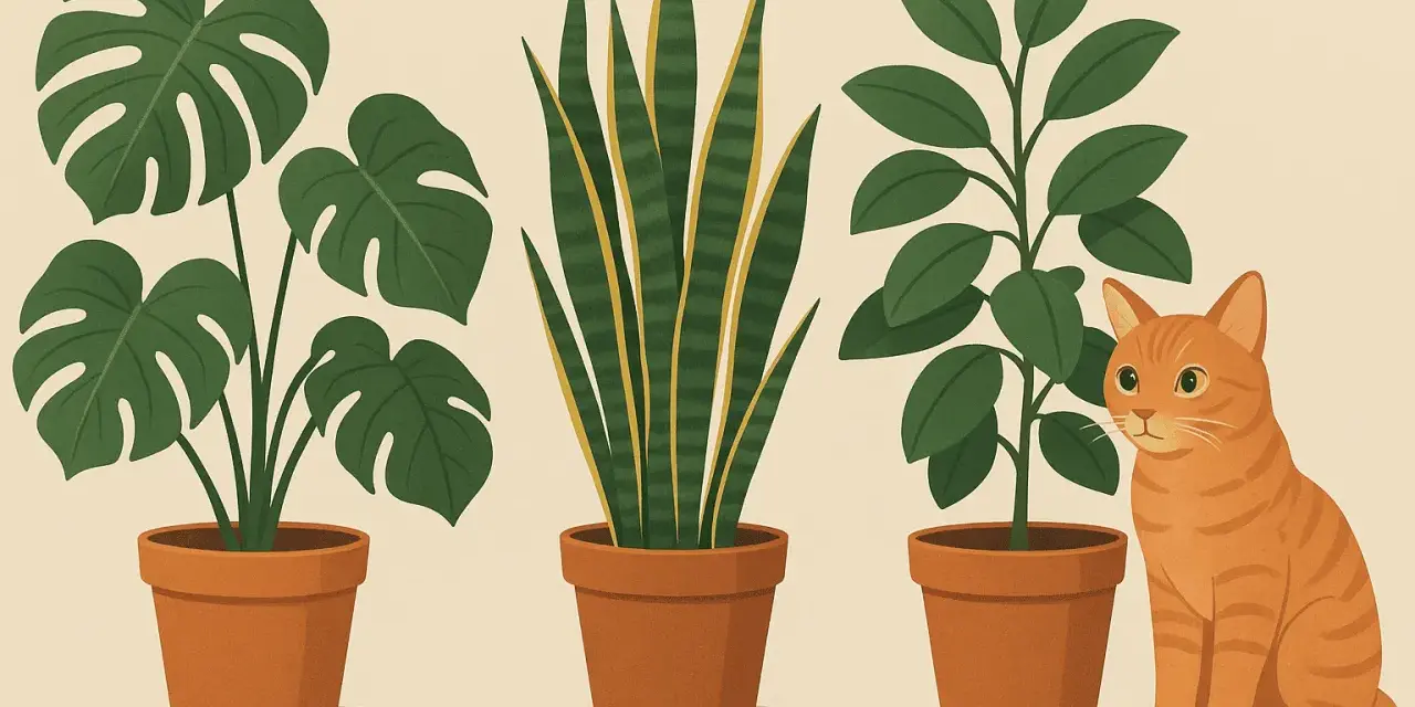 Trzy rośliny doniczkowe i rudy kot. Czy calathea jest trująca? Nie martw się, te rośliny są bezpieczne dla zwierząt.