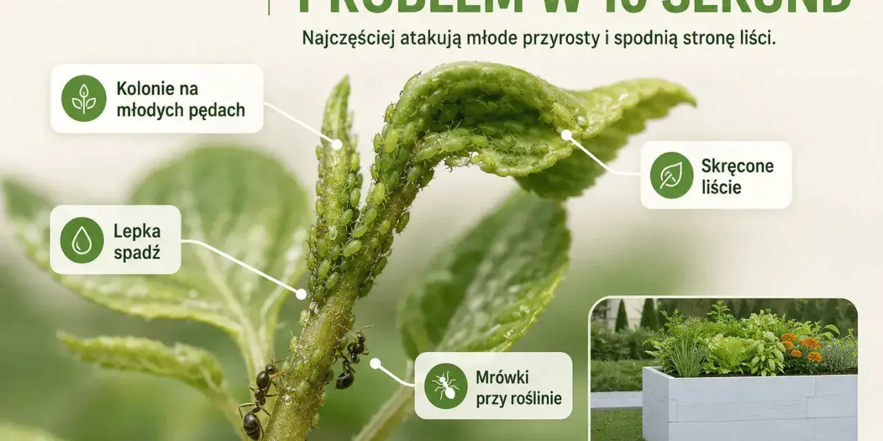 Mszyce na młodych pędach i liściach rośliny, powodujące skręcenie liści i lepki spadź. Mrówki towarzyszą kolonii mszyc.