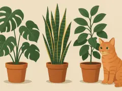Trzy rośliny doniczkowe i rudy kot. Czy calathea jest trująca? Nie martw się, te rośliny są bezpieczne dla zwierząt.