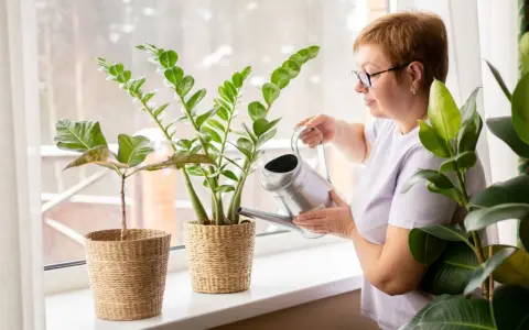 Kobieta podlewa kwiat zamioculcas. Pielęgnacja tej rośliny jest prosta, wystarczy pamiętać o podlewaniu.