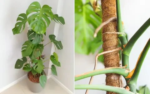 Monstera pnie się po słupku kokosowym, a jej korzeń powietrzny szuka wsparcia.