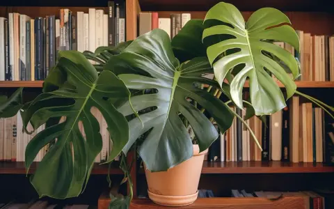 Monstera w beżowej doniczce, na półce z książkami. Czy doniczka musi mieć dziurki? Ta roślina zdaje się prosperować.