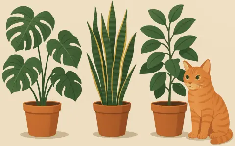 Trzy rośliny doniczkowe i rudy kot. Czy calathea jest trująca? Nie martw się, te rośliny są bezpieczne dla zwierząt.