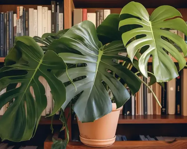Monstera w beżowej doniczce, na półce z książkami. Czy doniczka musi mieć dziurki? Ta roślina zdaje się prosperować.