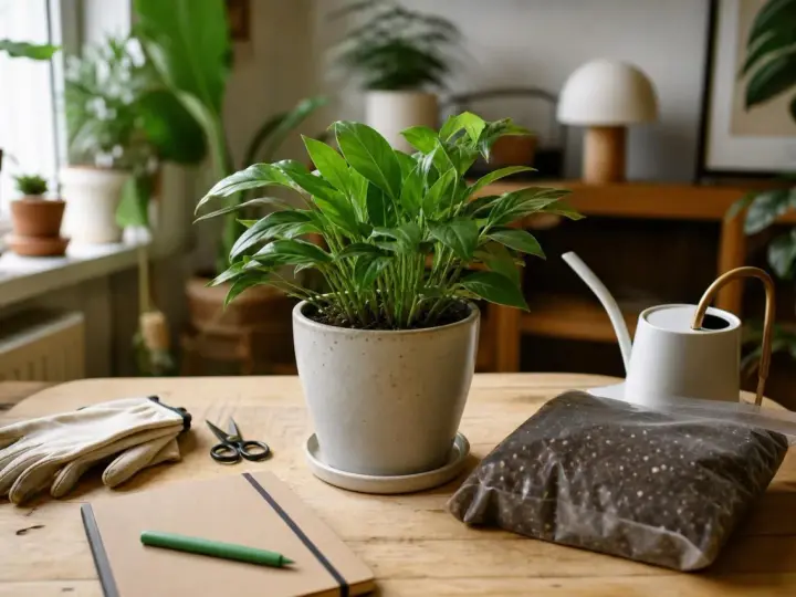 Zielona roślina w ceramicznej doniczce na strelicję, obok rękawiczki, nożyczki, notes i ziemia do przesadzania.