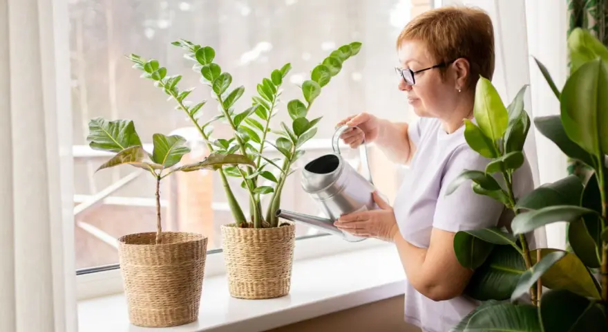 Kobieta podlewa kwiat zamioculcas. Pielęgnacja tej rośliny jest prosta, wystarczy pamiętać o podlewaniu.