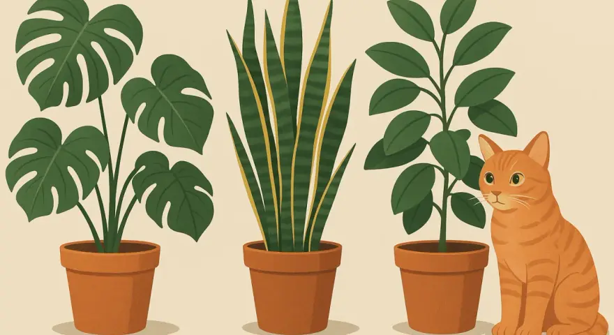 Trzy rośliny doniczkowe i rudy kot. Czy calathea jest trująca? Nie martw się, te rośliny są bezpieczne dla zwierząt.