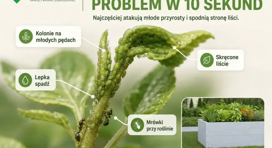 Mszyce na młodych pędach i liściach rośliny, powodujące skręcenie liści i lepki spadź. Mrówki towarzyszą kolonii mszyc.