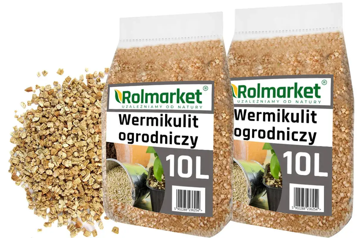 Dwie torby wermikulitu ogrodniczego Rolmarket po 10L, obok garść produktu. Idealny do poprawy struktury gleby.