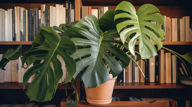 Monstera w beżowej doniczce, na półce z książkami. Czy doniczka musi mieć dziurki? Ta roślina zdaje się prosperować.